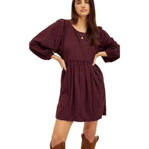 Free People Beach Burgundy Get Obsessed Babydoll Dress Puff Balloon Sleeves Sz M